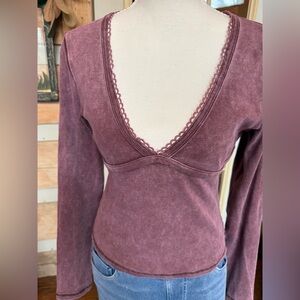 SHEIN V-Neck Lace Trim Long Sleeve Top M